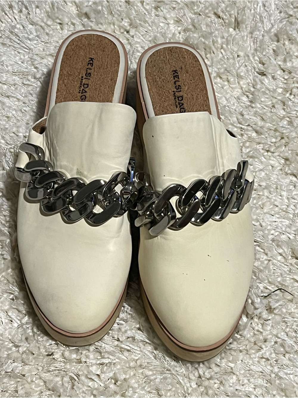 Kelsi Dagger Cream Slip-On Mules with Chunky Silver Chain